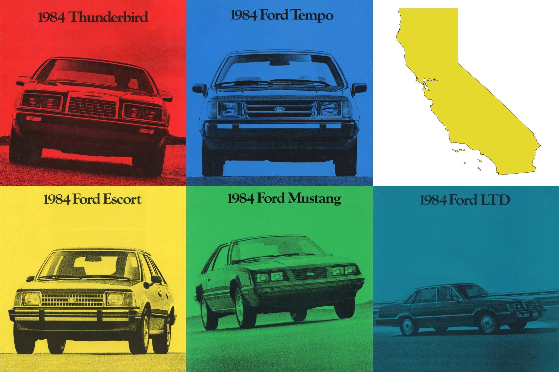 Collage of five 1984 Ford brochure covers (Thunderbird, Tempo, Escort, Mustang, and LTD) with an outline map of California
