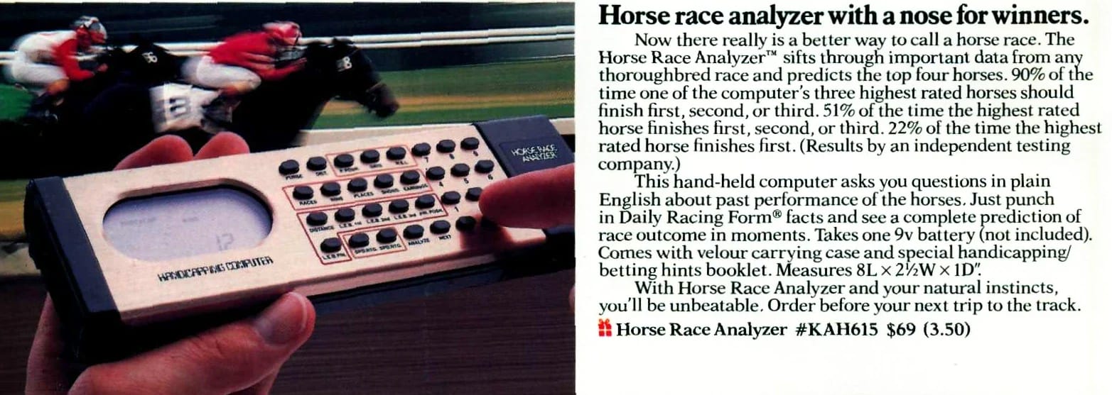 Catalog listing from The Sharper Image for an electronic Horse Race Analyzer