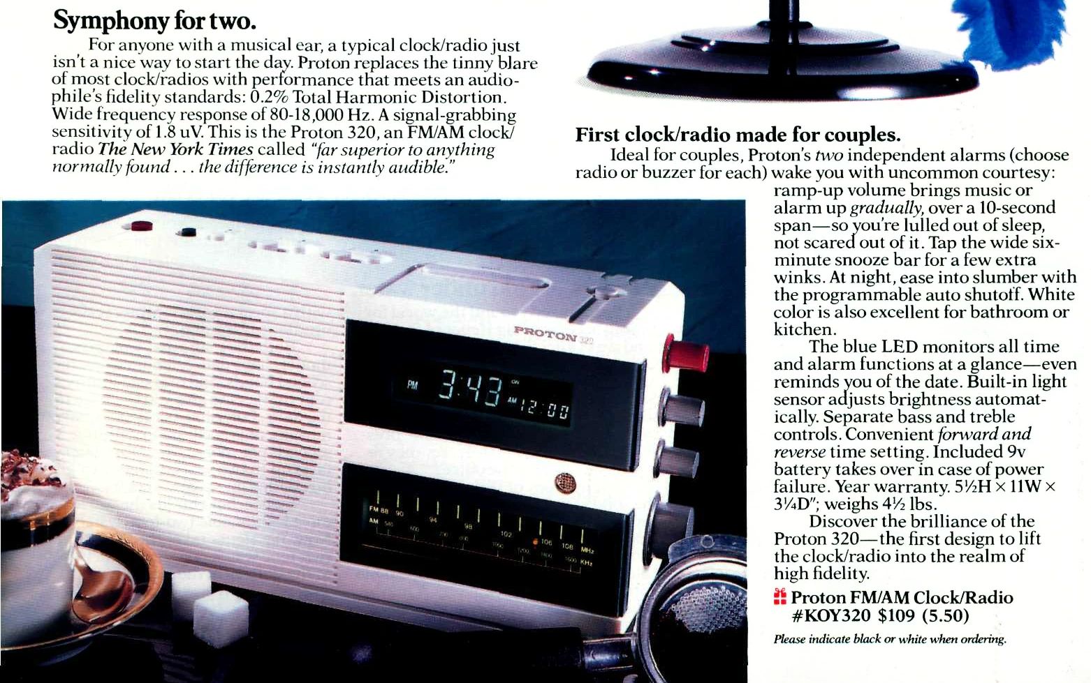 The Sharper Image catalog listing for a Proton 320 clock radio