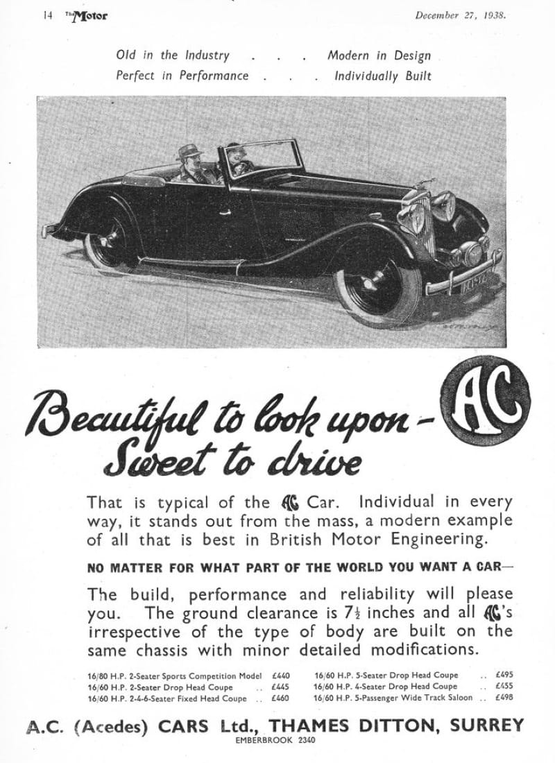 Car Show Classic: 1936 AC 16/70 Special DHC – Unusual Suspect 11 1938 Advert