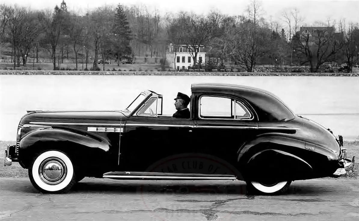 1968 Buick Electra 225 Limited: "I Didn't Know They're Building A Car Like This Today" 2 B&W photo showing a side view of a 1940 Buick with a de ville exposed driver's compartment