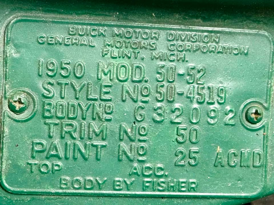 Body tag from green 1950 Buick Super Sedan