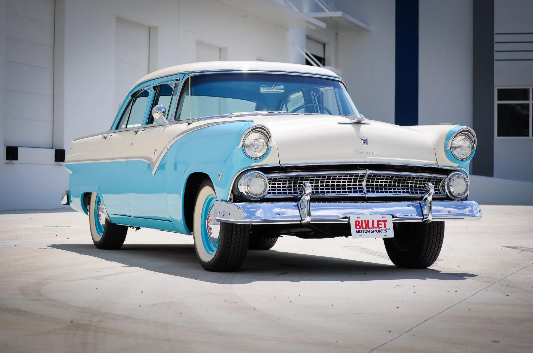 1963 Ford Fairlane 500 Sedan With 260 V8 And 3-Speed/Overdrive: Suddenly It's 1955 6 Right front 3q view of a two-tone 1955 Ford four-door sedan