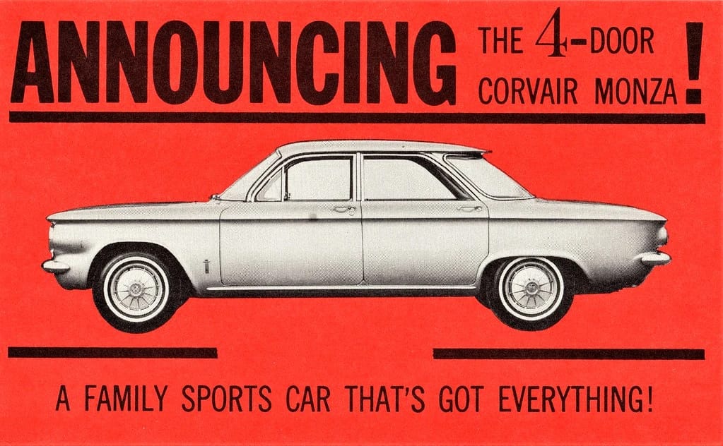 Illustration of a four-door Corvair on a red background, with the headline "Announcing the 4-door Corvair Monza! A family sports car that's got everything!" 
