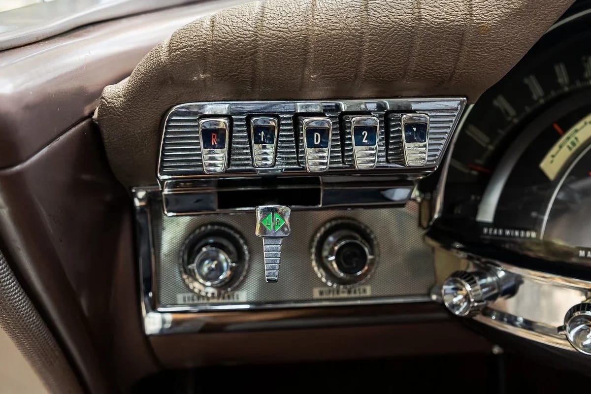 1962 Chrysler Newport 3-Speed Four-Door Sedan: Basic Big Car With An Upscale Badge And Not Much Else 17 Transmission pushbuttons in a 1962 Chrysler, with a green-marked lever underneath them