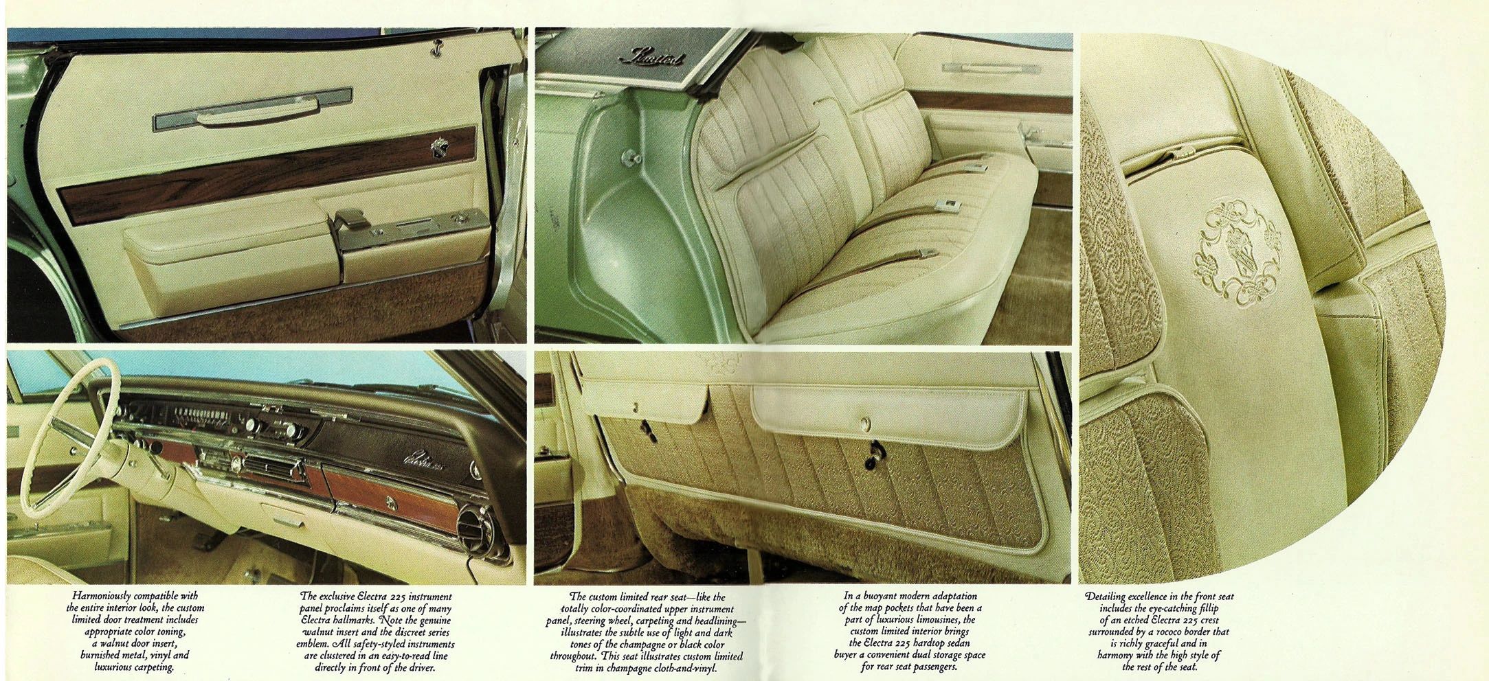 1968 Buick Electra 225 Limited: "I Didn't Know They're Building A Car Like This Today" 6 Brochure spread showing the interior trim of a 1967 Buick Electra 225 Custom with the Limited trim option