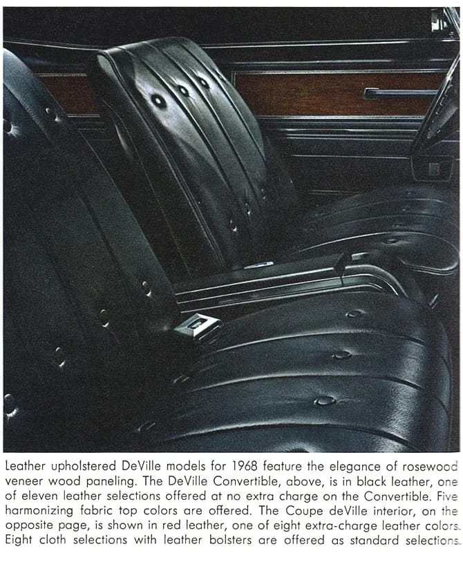 1968 Cadillac brochure excerpt showing black leather bucket seats and a center console in a De Ville