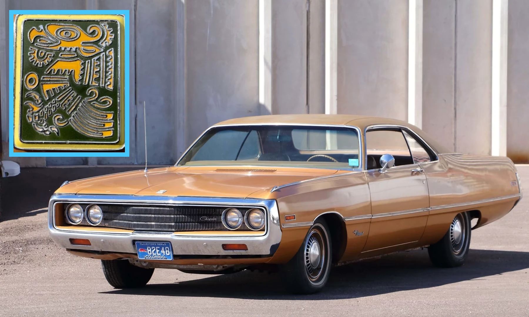 Left front 3q view of a Cordoba Gold 1970 Chrysler Newport two-door hardtop with an inset showing the Aztec Eagle hood ornament