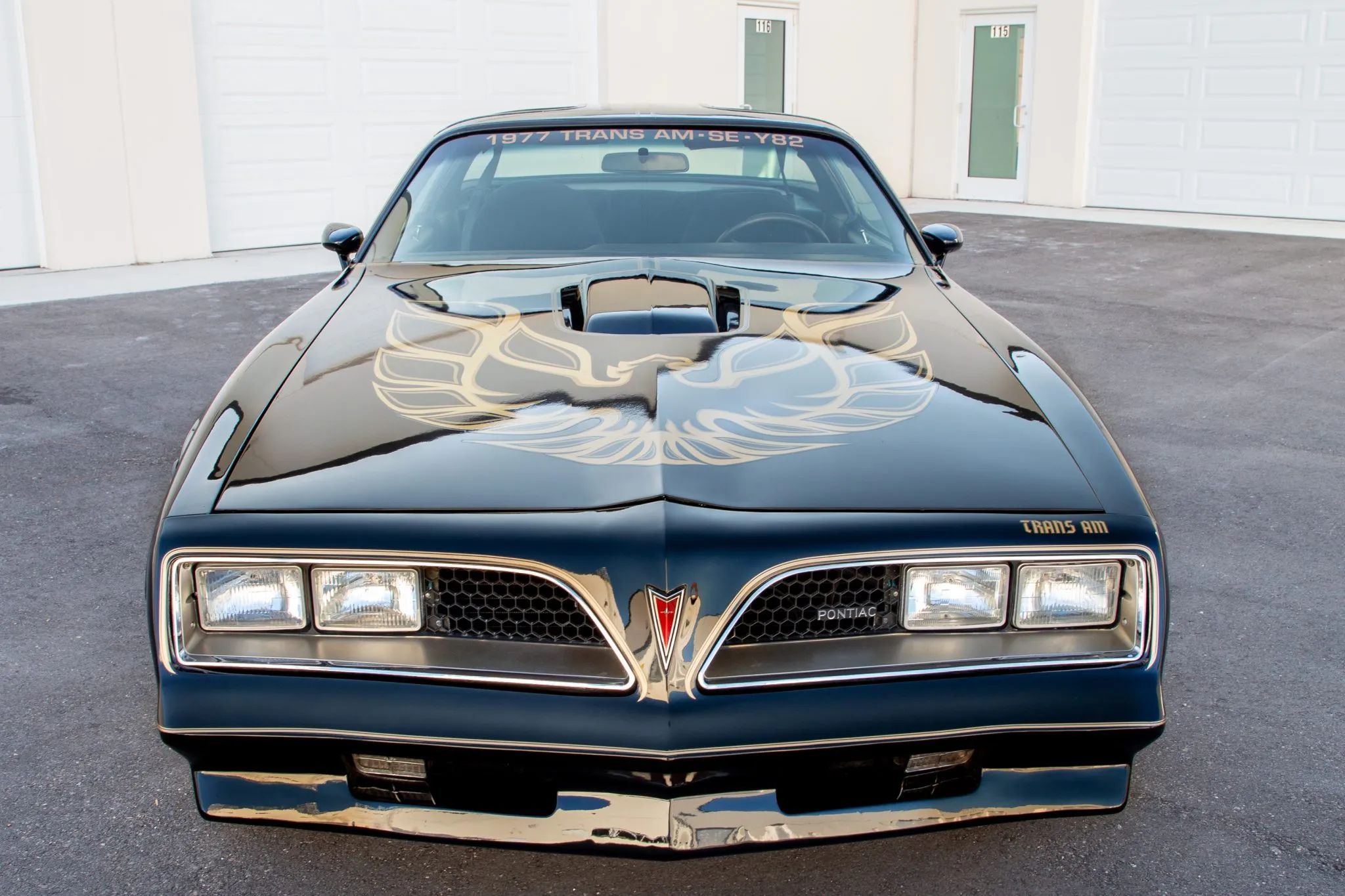 Front view of a 1977 Trans Am with a shaker hood