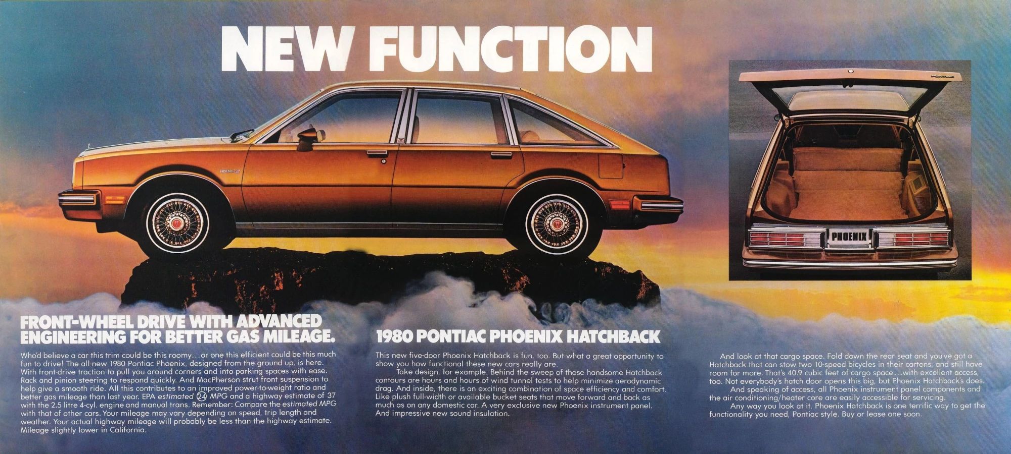 1980 Pontiac Phoenix LJ Coupe: Two Doors, Four Speeds, 32,349 Miles, Zero Credibility 5 Brochure page showing the 1980 Pontiac Phoenix four-door hatchback, with the headline "NEW FUNCTION"