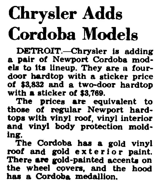Clipping from Automotive News with the headline "Chrysler Adds Cordoba Models"