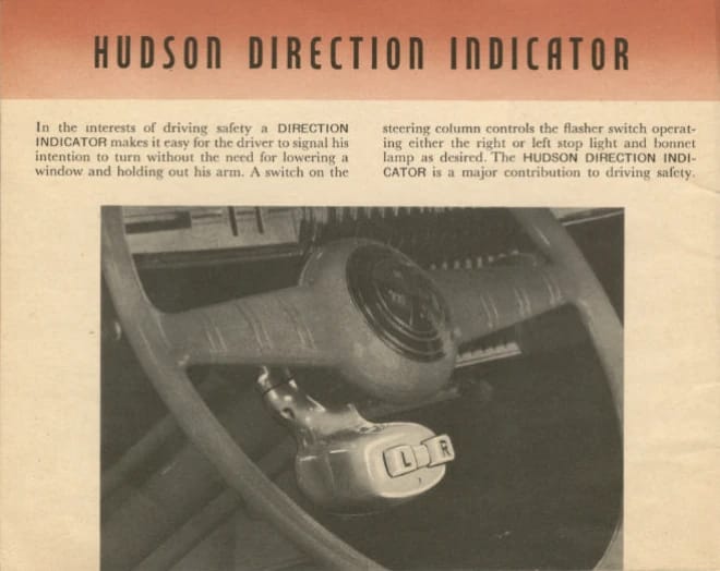 How Buick Became The First U.S. Make With Standard Turn Signals, Almost 20 Years Before They Became Universal 12 1940 Hudson brochure excerpt showing the Hudson Direction Indicator, three buttons on a pod under the steering column, marked L and R with a blank button in the center