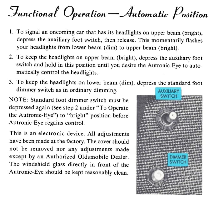 1955 Oldsmobile owners manual excerpt showing the floor switches for the headlight dimmer and Autronic-Eye override