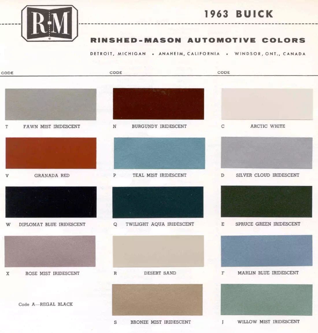 Rinshed-Mason color swatches for the 1963 Buick line
