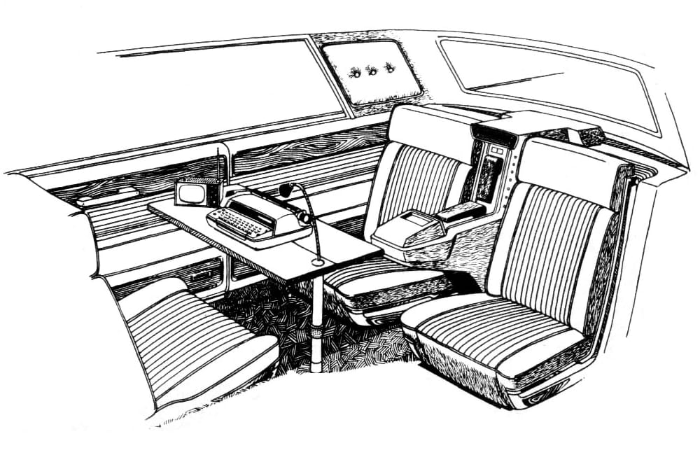B&W illustration of the rear seating area of the 1966 Imperial Mobile Executive, showing its folding desk, lamp, and electronics-containing rear console