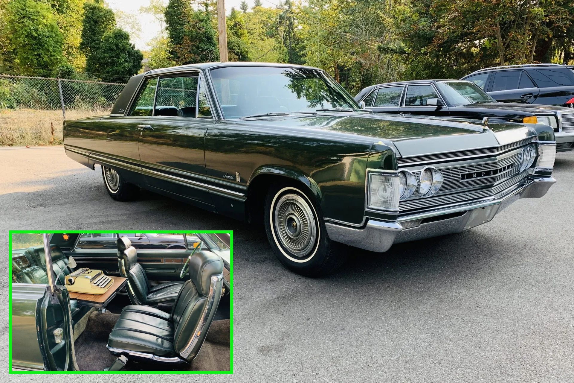 Right front 3q view of a Forest Green 1967 Imperial Crown Coupe with an inset showing its Mobile Director Option interior