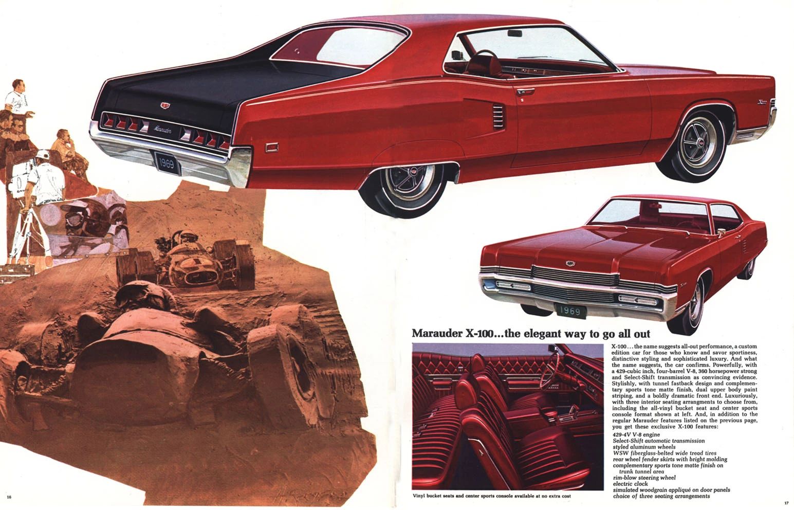 1970 Mercury Marauder: Not An X-100, But "A Thriftier Approach To Sports Driving" 7 Brochure page for the 1969 Mercury Marauder X-100, with the headline "Marauder X–100 ... the elegant way to go all out"