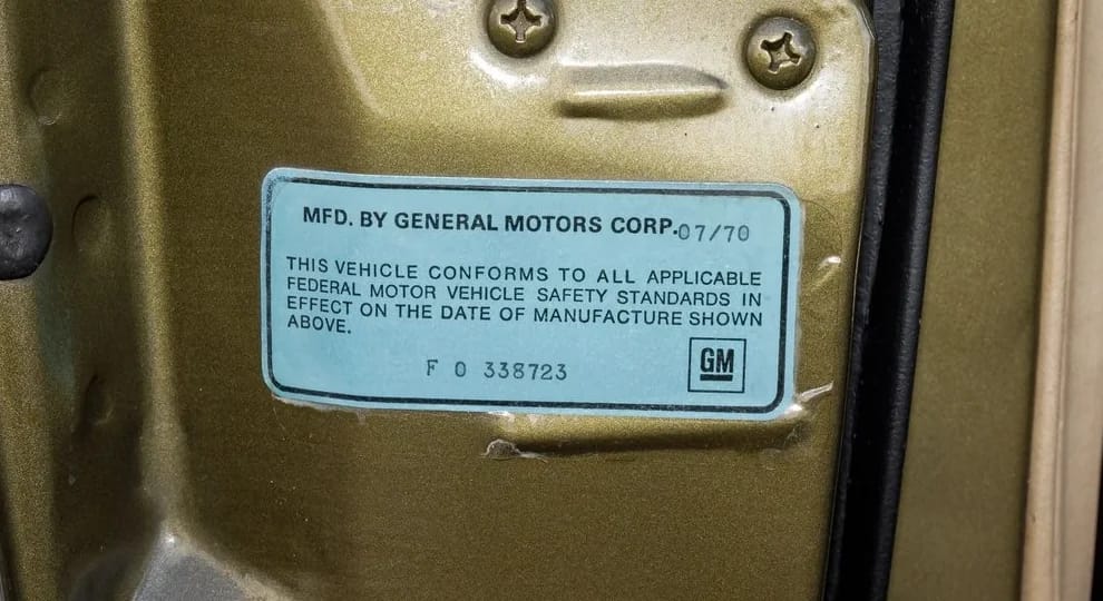 1970 Cadillac De Ville Convertible: The Very Last Full-Size Cadillac Convertible Ever Built 9 Federal certification sticker on the door jamb of a 1970 Cadillac