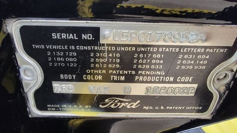 Data tag of 1955 Ford Fairlane Sunliner