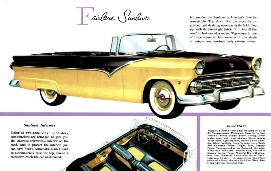 Brochure image of black-and-yellow 1955 Ford Sunliner