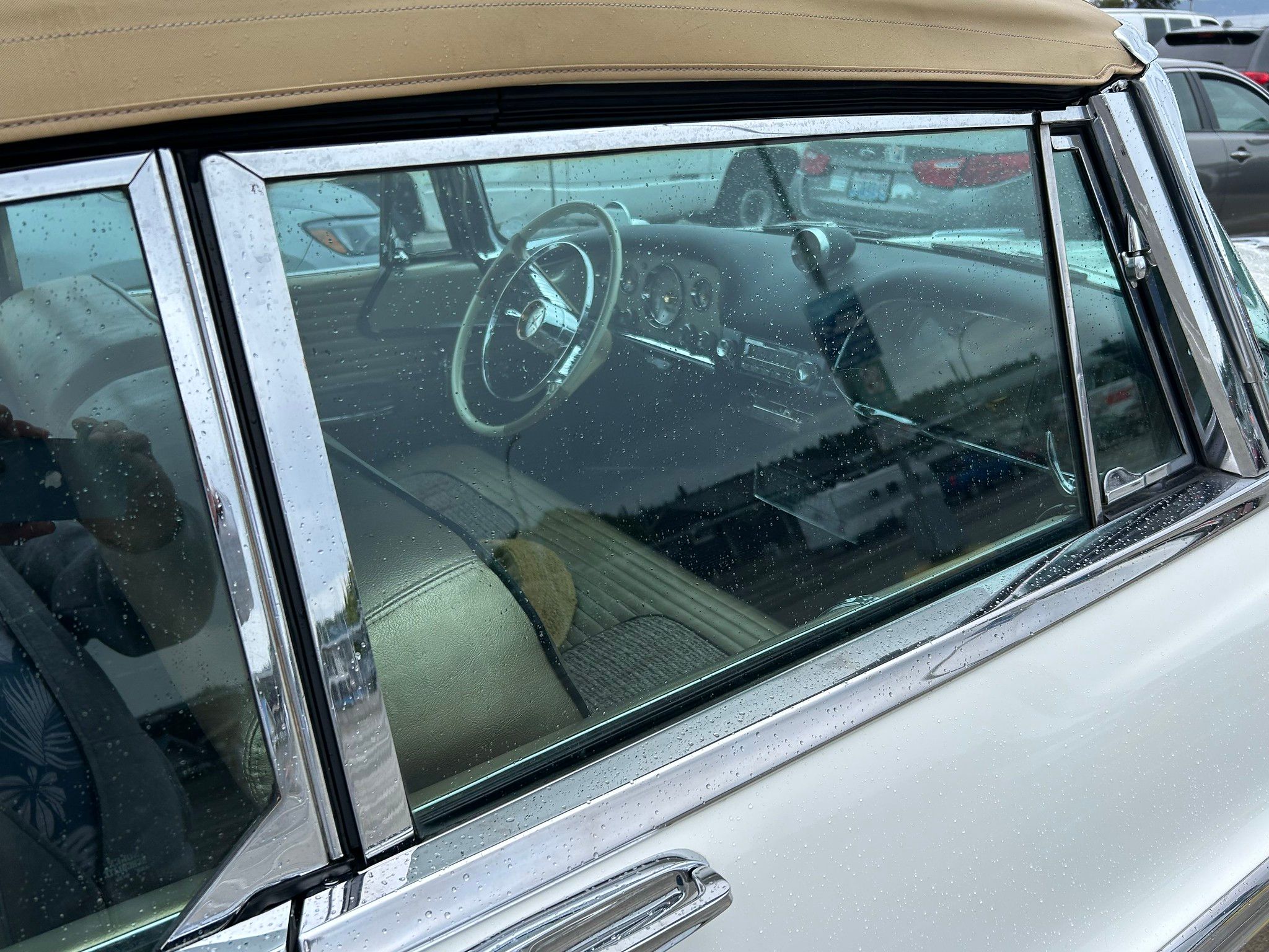 1956 DeSoto Adventurer and Fireflite Convertible: Two Very Rare Forward Look Cars In The Same Parking Lot 9 Interior of white and gold 1956 DeSoto Pacesetter Convertible