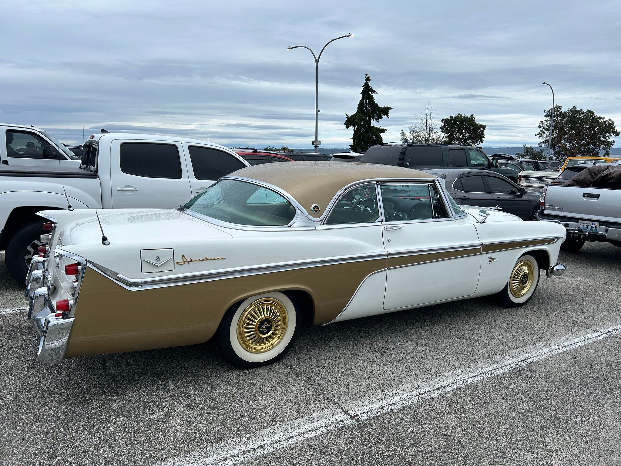 1956 DeSoto Adventurer and Fireflite Convertible: Two Very Rare Forward Look Cars In The Same Parking Lot 2 Passenger side view of white and gold 1956 DeSoto Adventurer