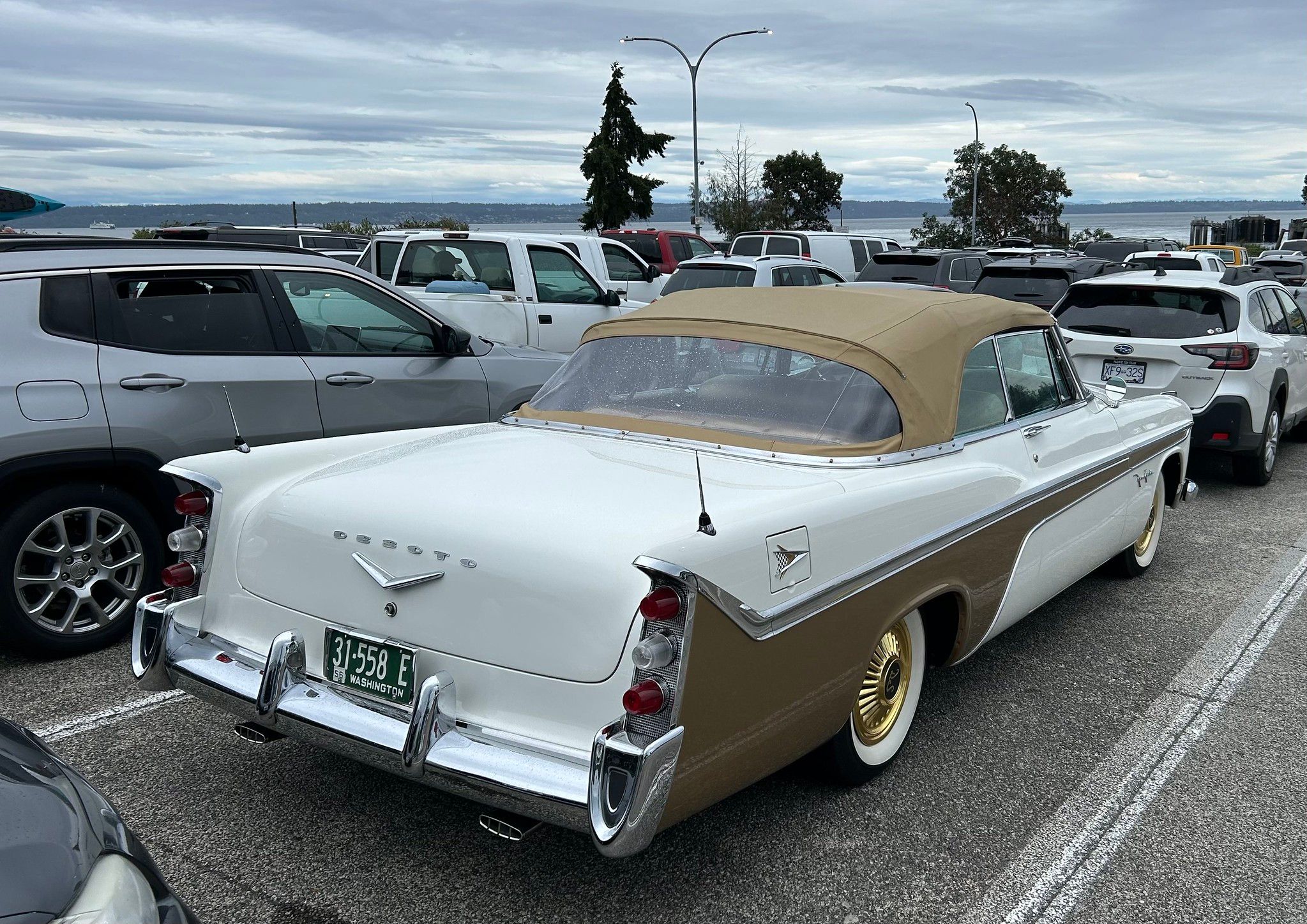 1956 DeSoto Adventurer and Fireflite Convertible: Two Very Rare Forward Look Cars In The Same Parking Lot 8 Passenger rear 3q view of white and gold 1956 DeSoto Fireflite Pacesetter Convertible