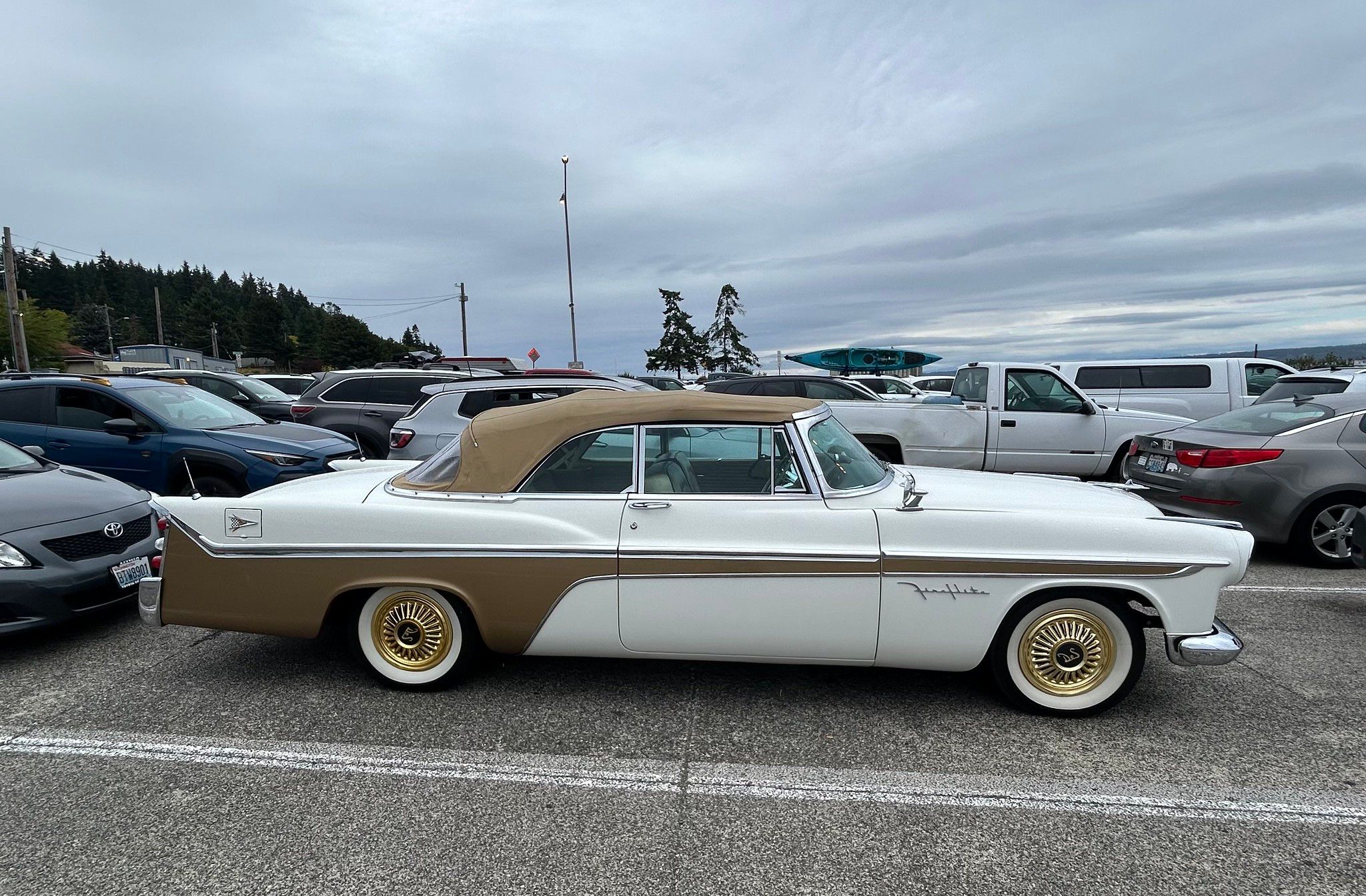 1956 DeSoto Adventurer and Fireflite Convertible: Two Very Rare Forward Look Cars In The Same Parking Lot 6 Passenger side view of white and gold 1956 DeSoto Fireflite Pacesetter Convertible