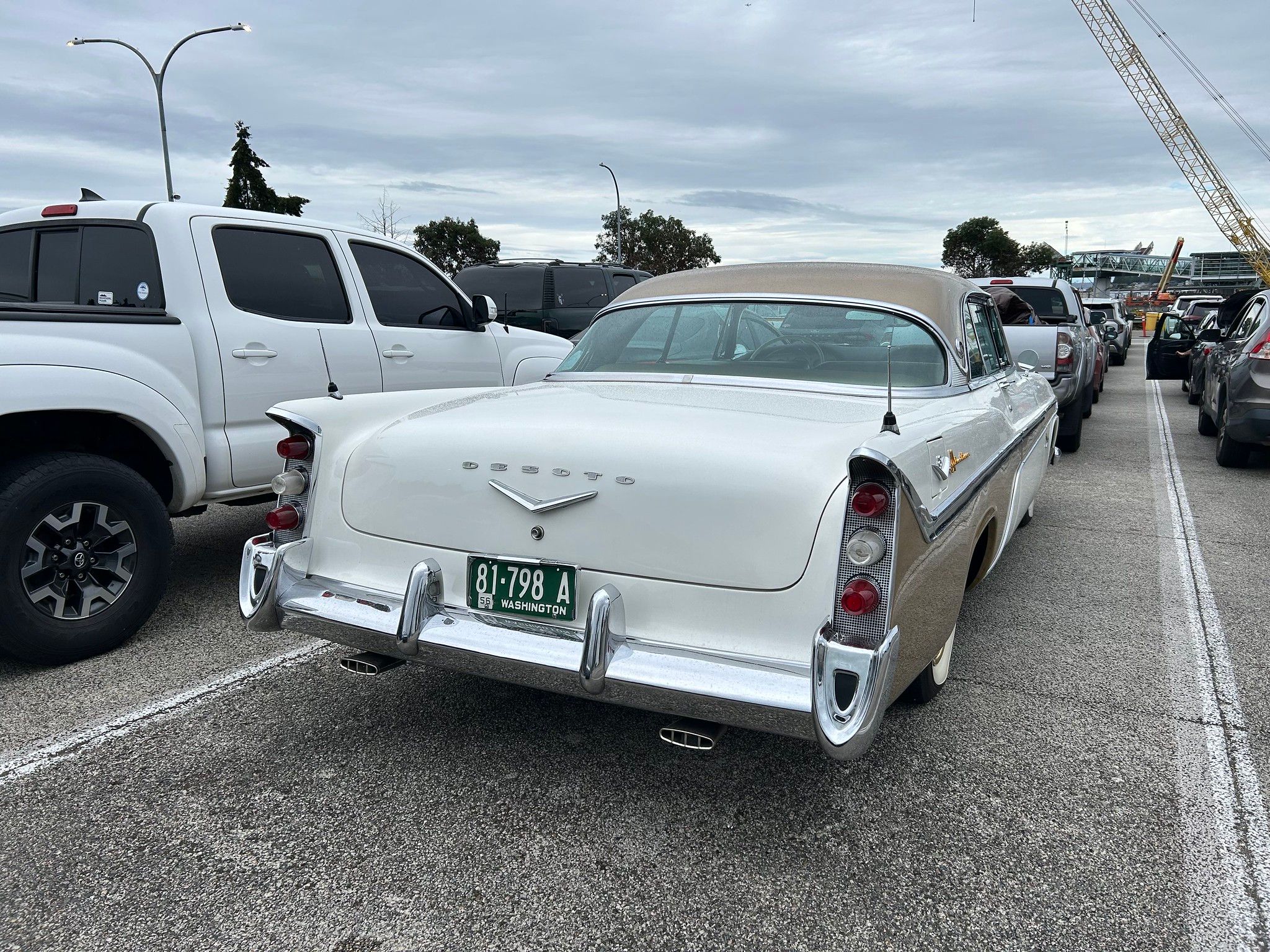 1956 DeSoto Adventurer and Fireflite Convertible: Two Very Rare Forward Look Cars In The Same Parking Lot 4 Passenger rear 3q view of white and gold 1956 DeSoto Adventurer