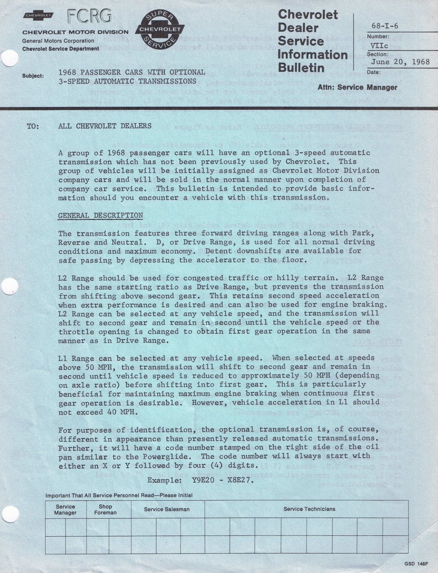 Chevrolet Dealer Service Information Bulletin, dated June 20, 1968, explaining the availability of a 3-speed automatic "which has not been previously used by Chevrolet" on certain 1968 cars