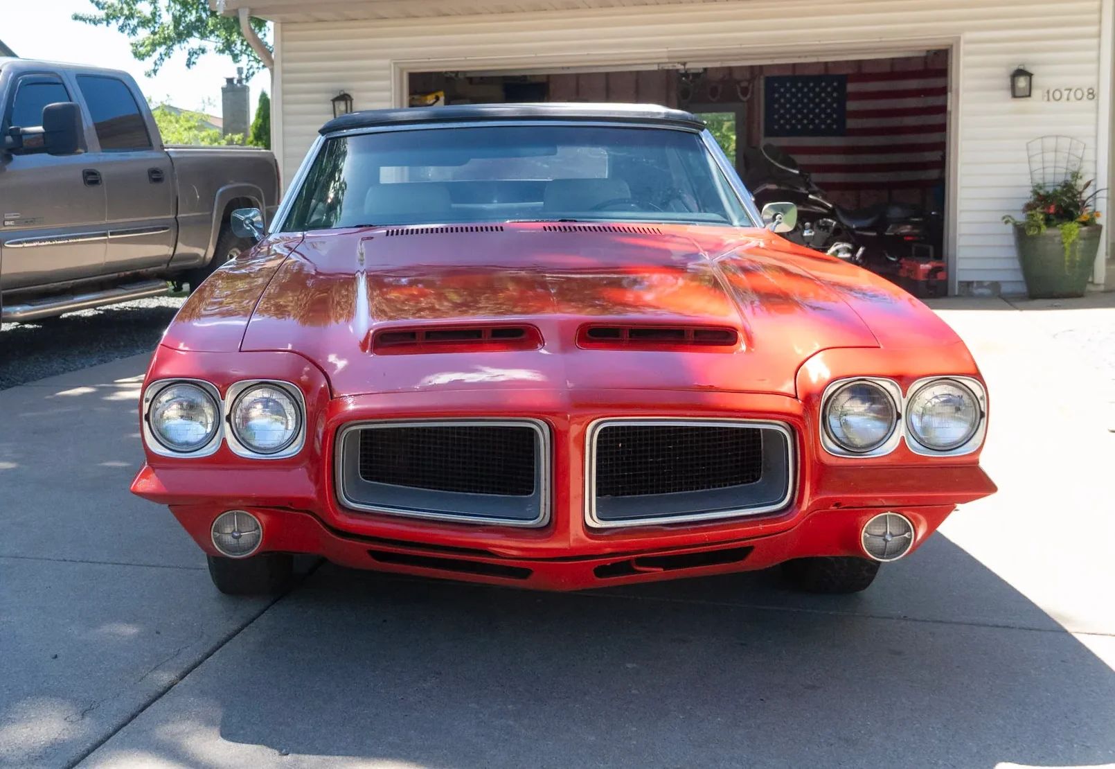 Front view of orange 1972 Pontiac LeMans Convertible