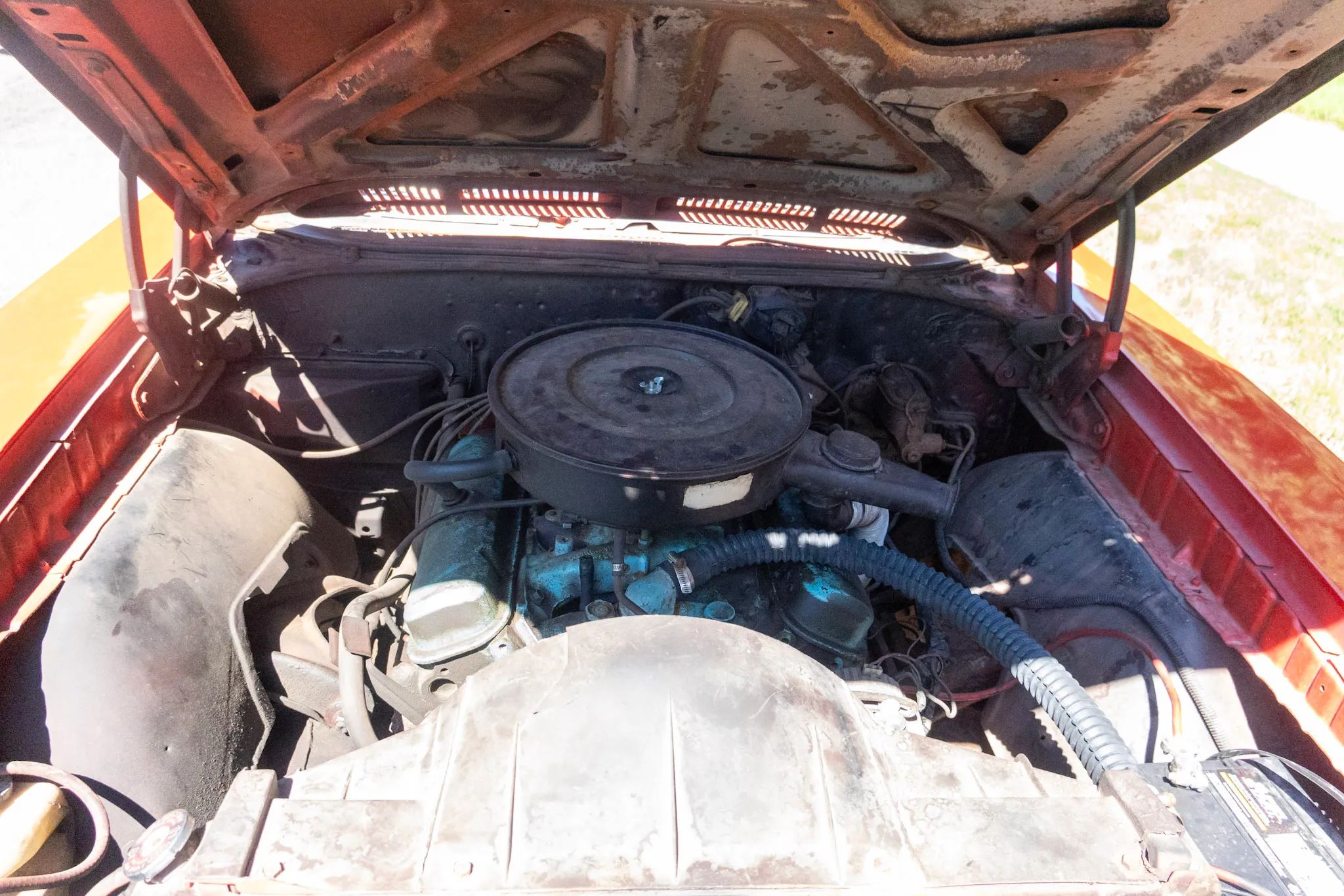 Engine compartment of 1972 Pontiac LeMans Sport Convertible with 350 engine
