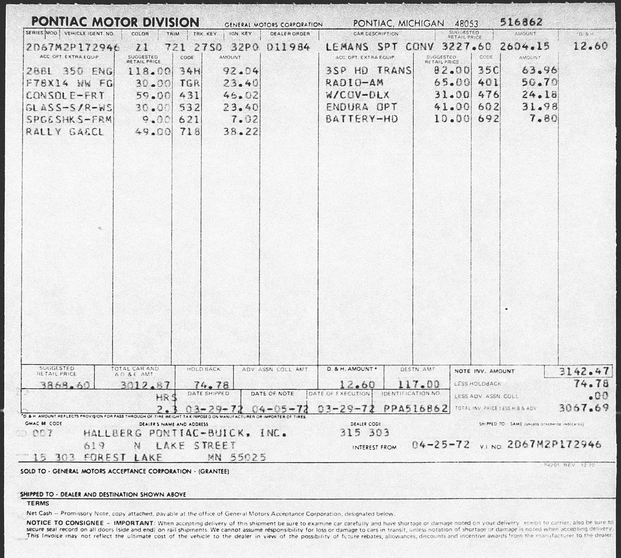 PHS documents for 1972 Pontiac LeMans Sport Convertible