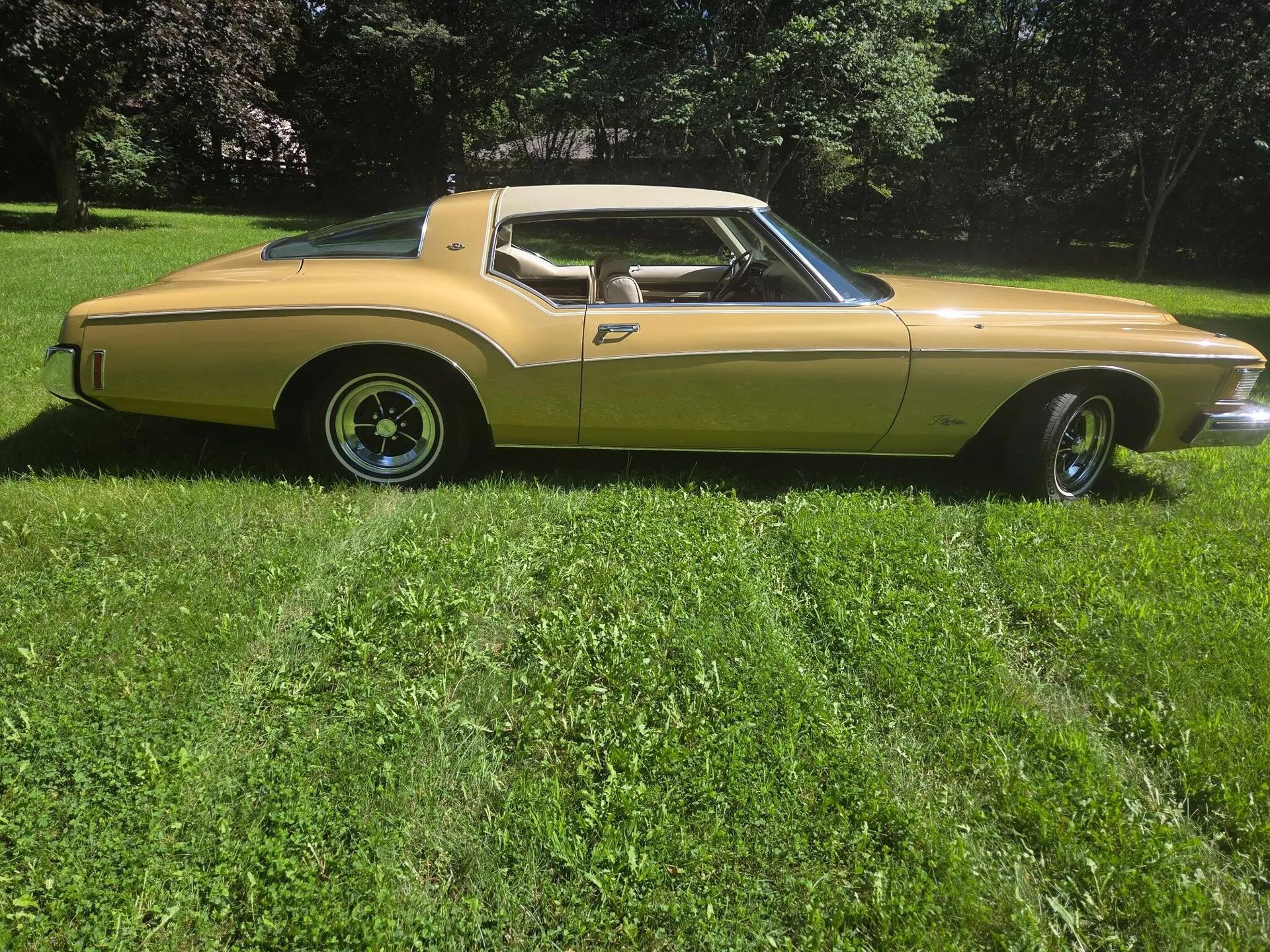 1973 Buick Riviera: A Slightly Toned-Down, Two-Owner Boattail 8 Passenger profile view of beige 1973 Buick Riviera