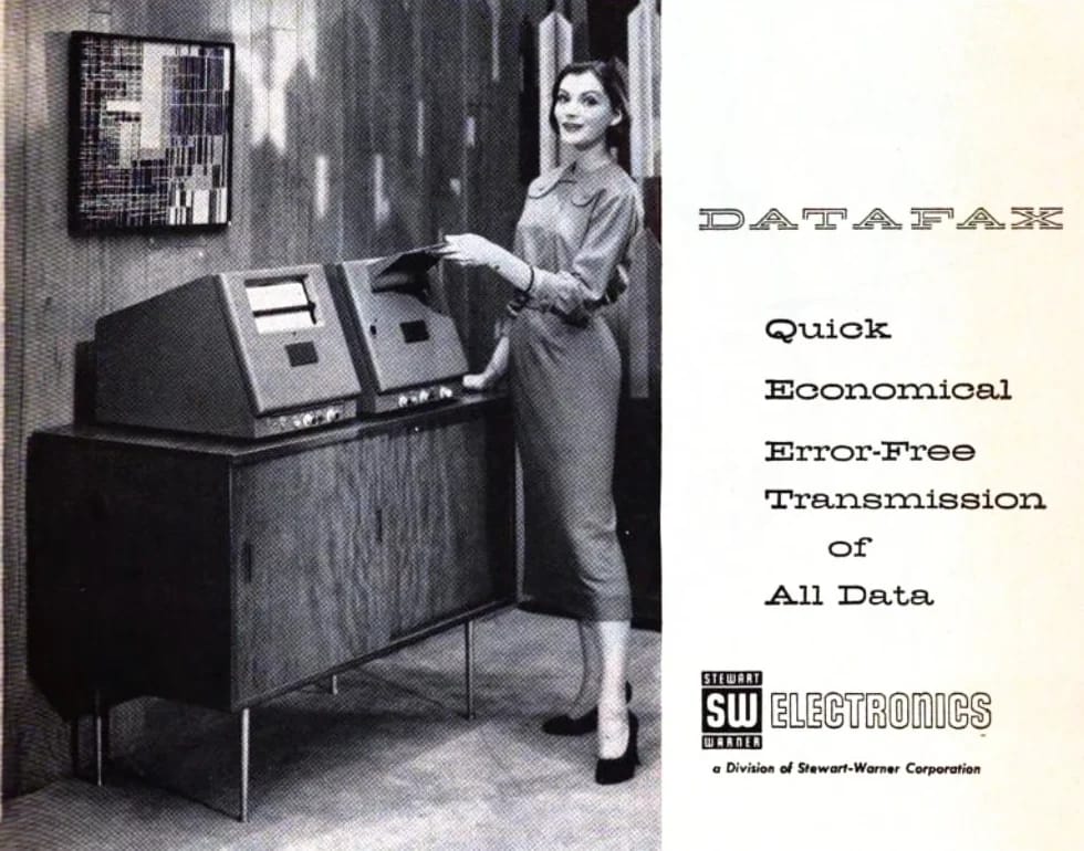 Section of a 1957 ad for the Stewart-Warner Datafax machine, showing a photo of a woman demonstrating the machine and the headline "Datafax: Quick Economical Error-Free Transmission of All Data"