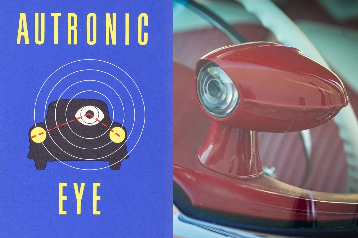 "Autronic-Eye" brochure logo (with a cartoon yellow eye on a black silhouette of a car) juxtaposed with the phototube of a 1956 Autronic-Eye headlight controller