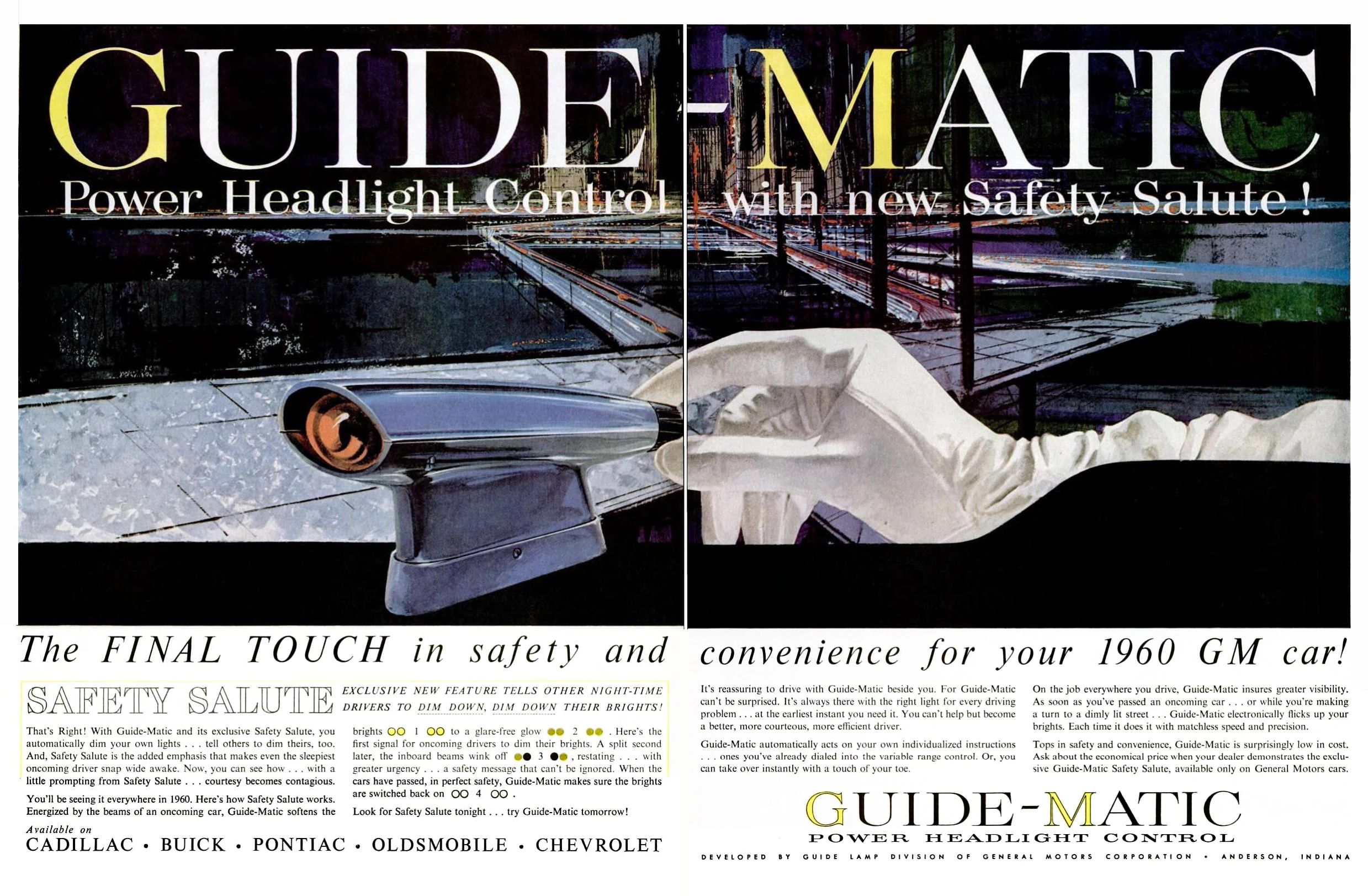 Two-page magazine ad for Guide-Matic Power Headlight Control "with new Safety Salute!" and the headline "The FINAL TOUCH in safety and convenience for your 1960 GM car!"