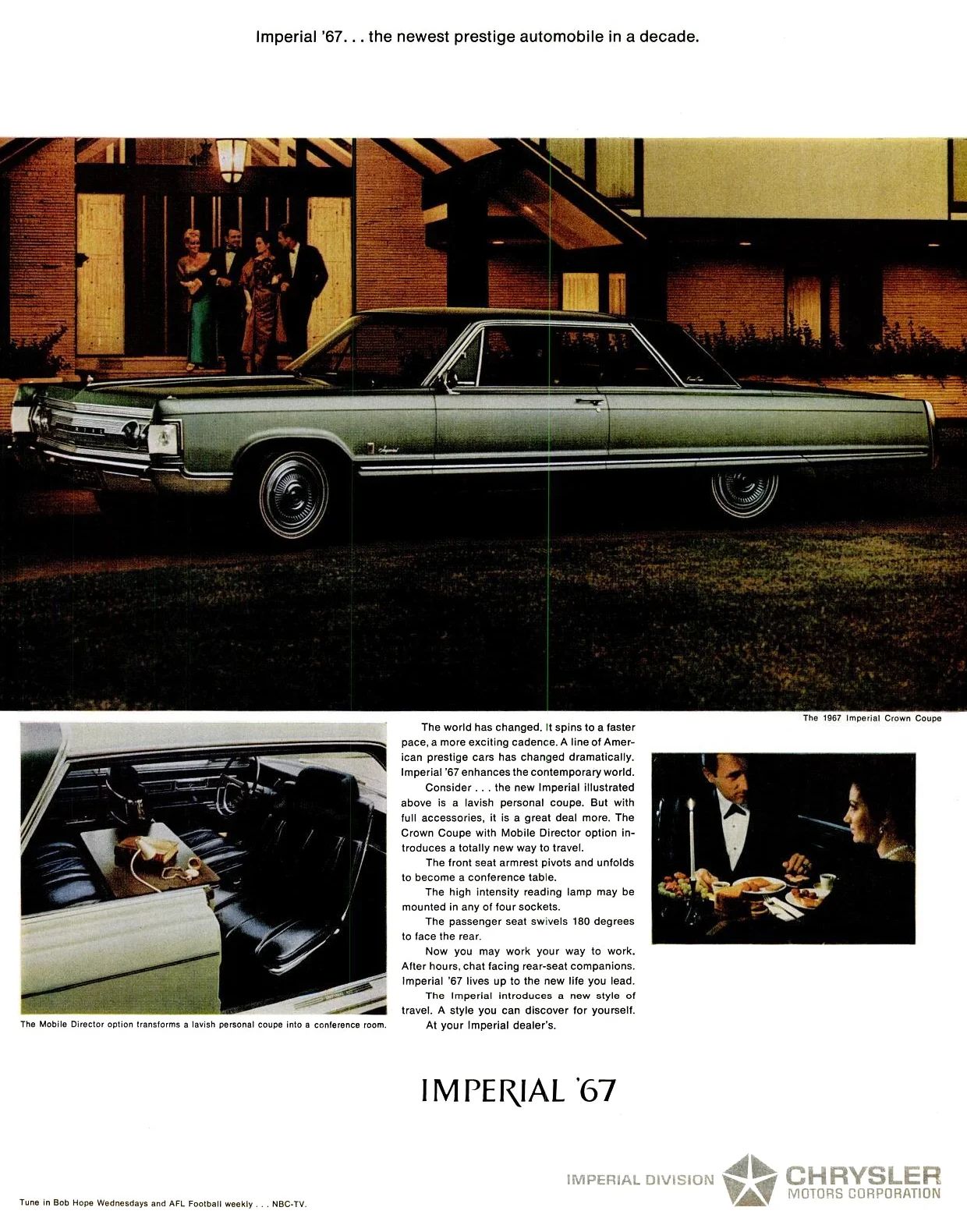 Magazine ad for the Imperial, with the headline "Imperial '67…the newest prestige automobile in a decade," with an inset showing the Mobile Director option