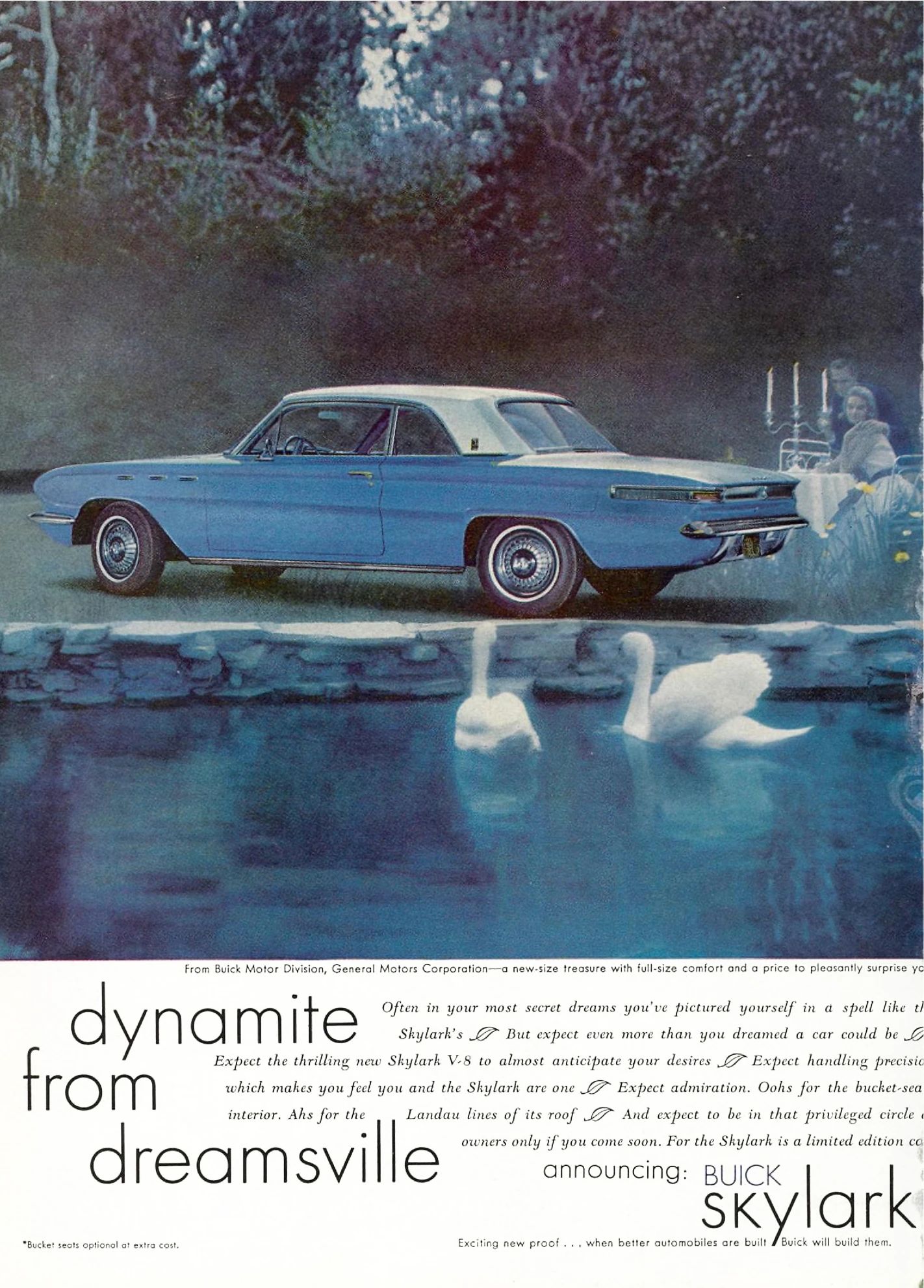 Magazine ad for the 1961 Buick Skylark, with a rear 3q view of a blue car and the headline "Dynamite from Dreamsville"