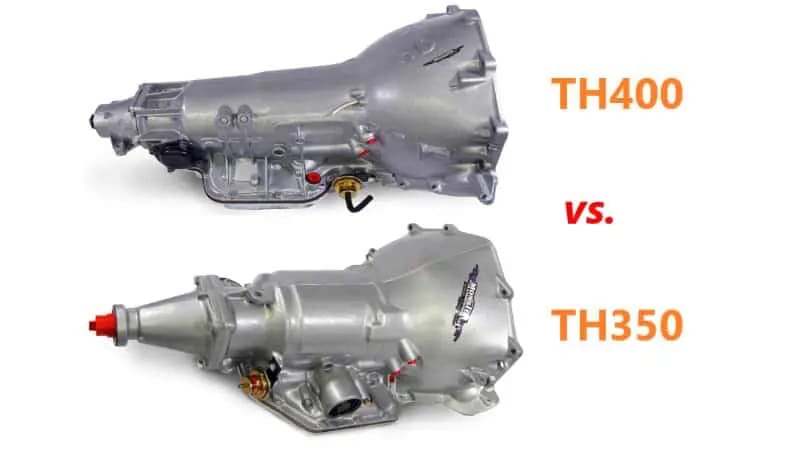 Photo showing two automatic transmissions against a blank white background, labeled "TH400 vs. TH350"