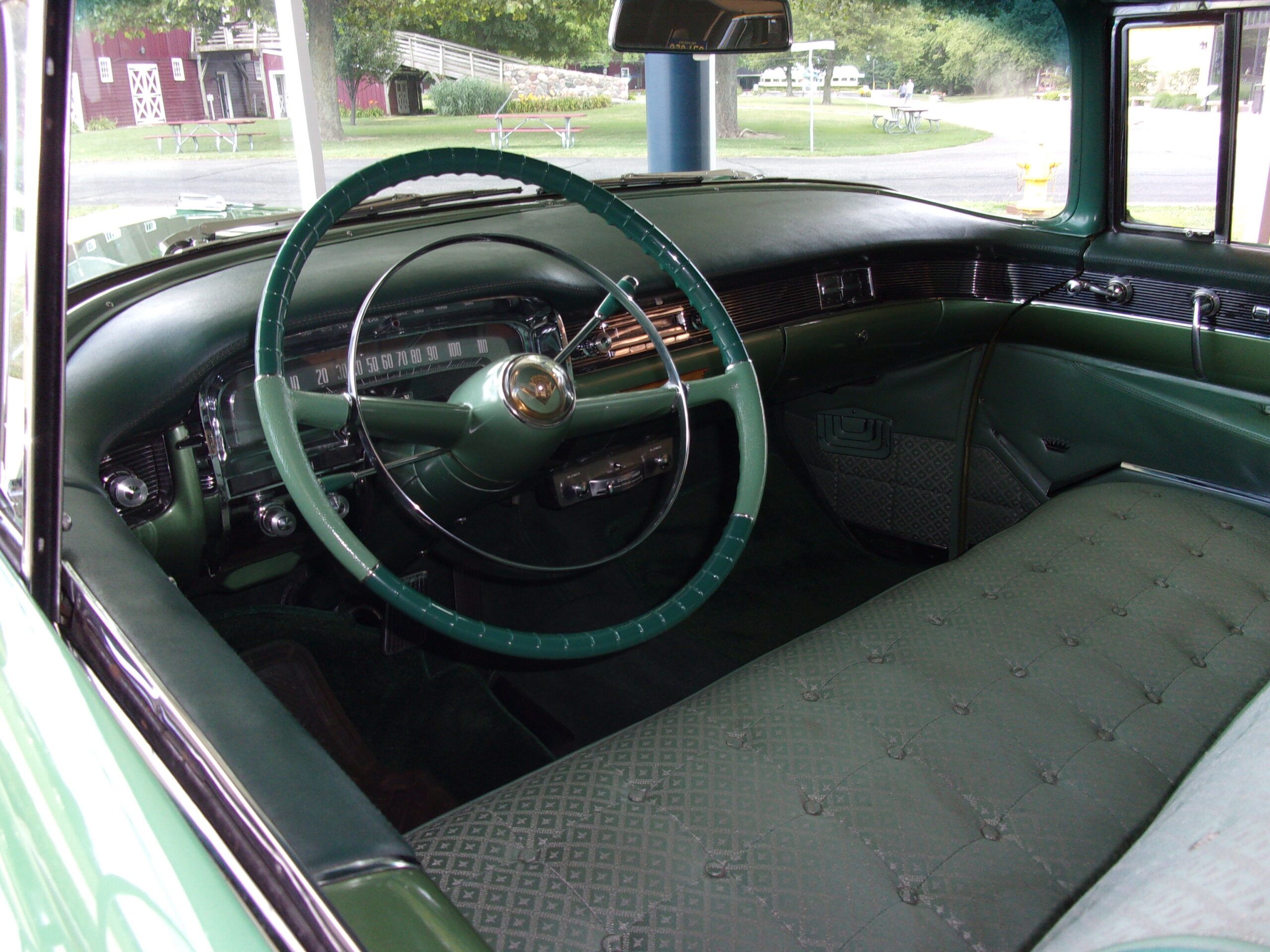 Green interior of 1955 Cadillac Coupe deVille
