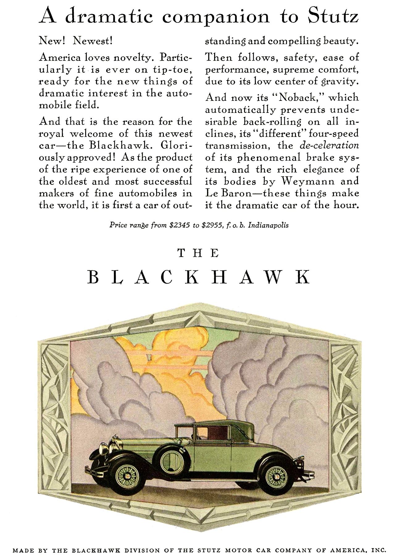 Magazine ad for the Stutz Blackhawk, with an illustration of the car and the headline "A dramatic companion to Stutz: The Blackhawk"