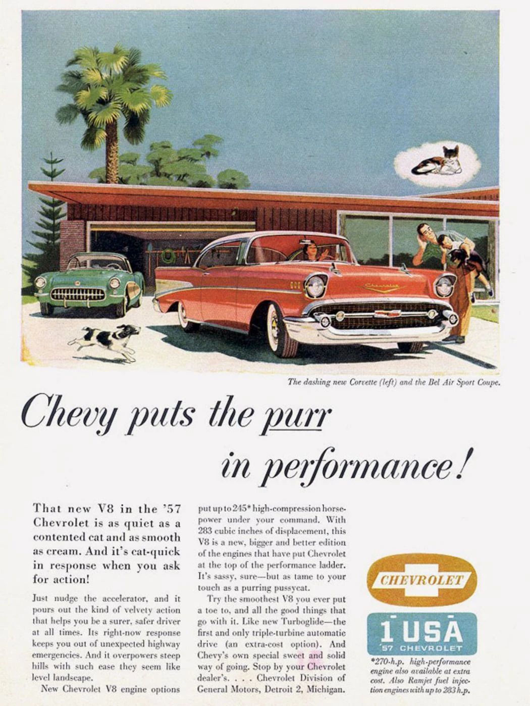 The 1957–1959 Ford-Chevrolet Sales Race: Busting Some Myths About When Ford Finally Beat Chevrolet — Twice 16 1957 Chevrolet ad showing a red Bel Air in a driveway as a man holding a child holding a cat lean over to listen to the engine