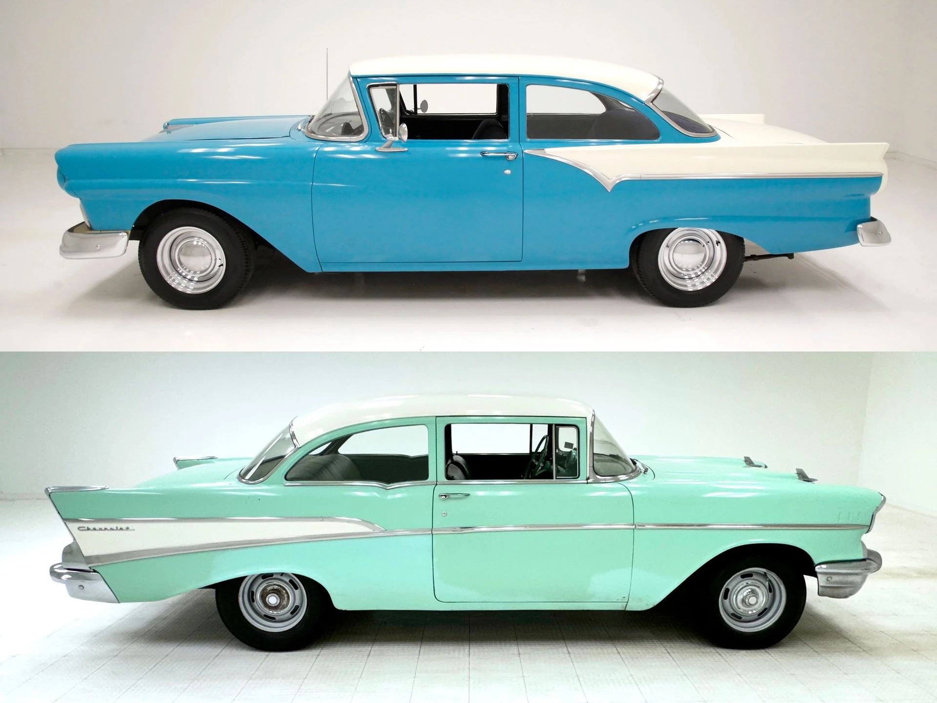 The 1957–1959 Ford-Chevrolet Sales Race: Busting Some Myths About When Ford Finally Beat Chevrolet — Twice 1 Left side view of a turquoise and white 1957 Ford Custom sedan and a right side view of a white over Surf Green 1957 Chevrolet 210 two-door sedan, both in indoor studios