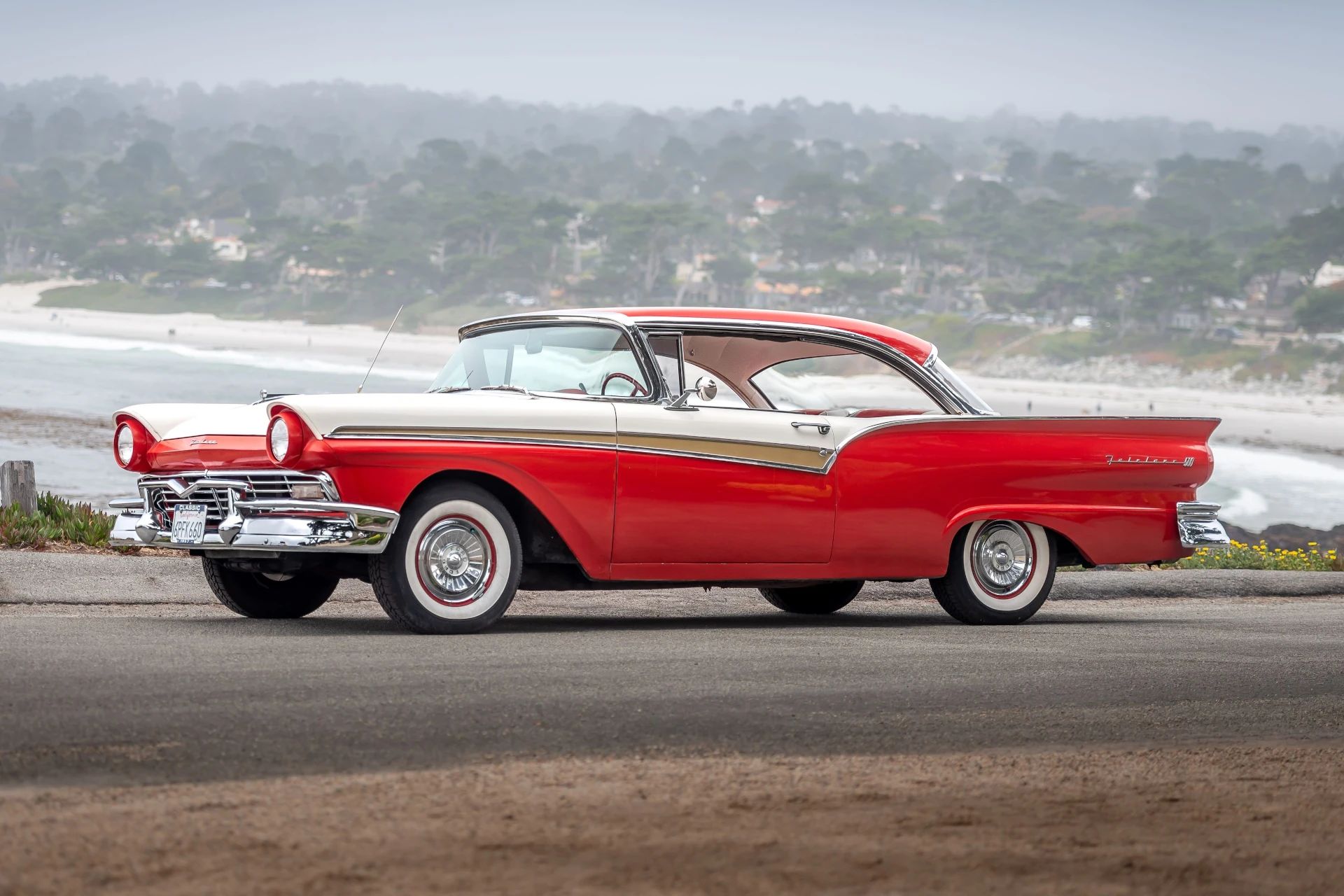 The 1957–1959 Ford-Chevrolet Sales Race: Busting Some Myths About When Ford Finally Beat Chevrolet — Twice 9 Left front 3q view of a two-tone 1957 Ford two-door hardtop, photographed along the California coast