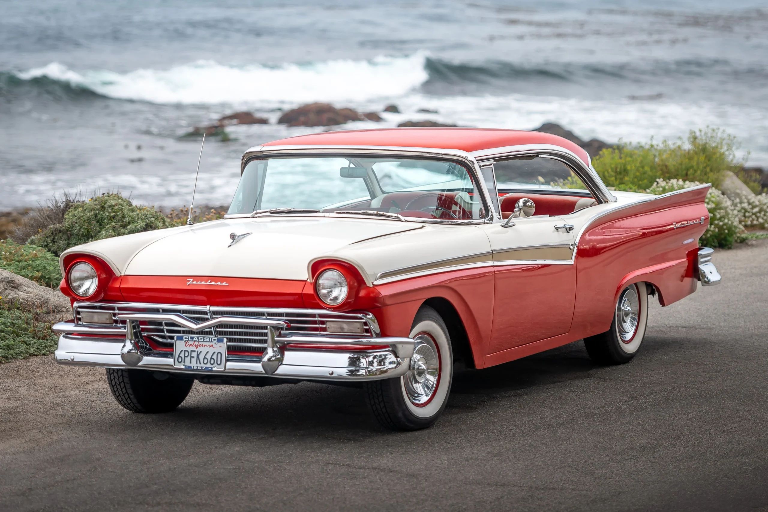 The 1957–1959 Ford-Chevrolet Sales Race: Busting Some Myths About When Ford Finally Beat Chevrolet — Twice 21 High-angle left front 3q view of a 1957 Ford two-door hardtop, photographed along the California coast