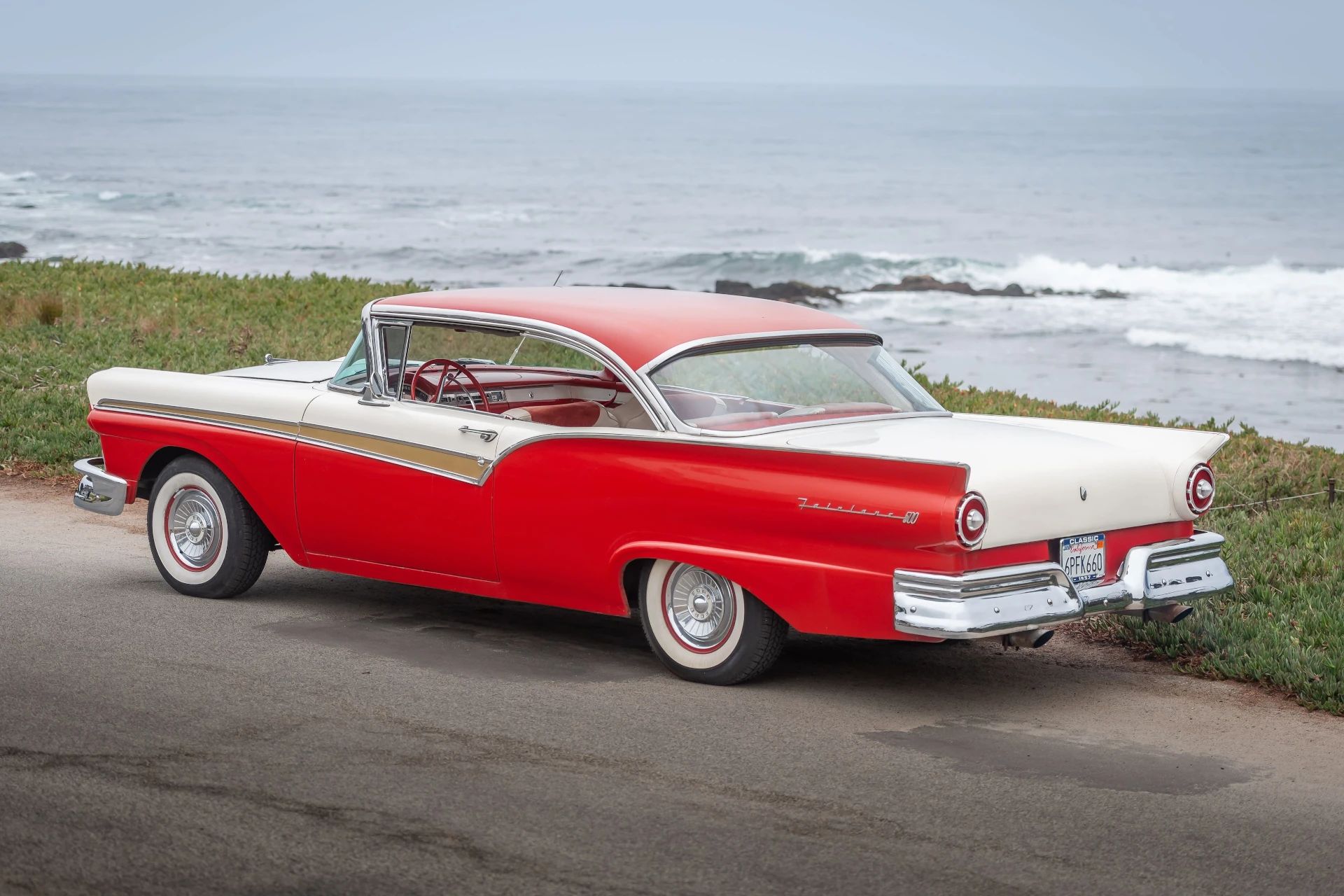 The 1957–1959 Ford-Chevrolet Sales Race: Busting Some Myths About When Ford Finally Beat Chevrolet — Twice 27 Left rear 3q view of a two-tone 1957 Ford two-door hardtop photographed along the California coast