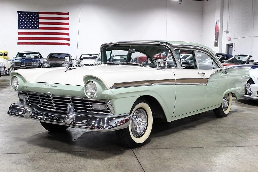 The 1957–1959 Ford-Chevrolet Sales Race: Busting Some Myths About When Ford Finally Beat Chevrolet — Twice 19 Left front 3q view of a 1957 Ford four-door sedan in an indoor showroom