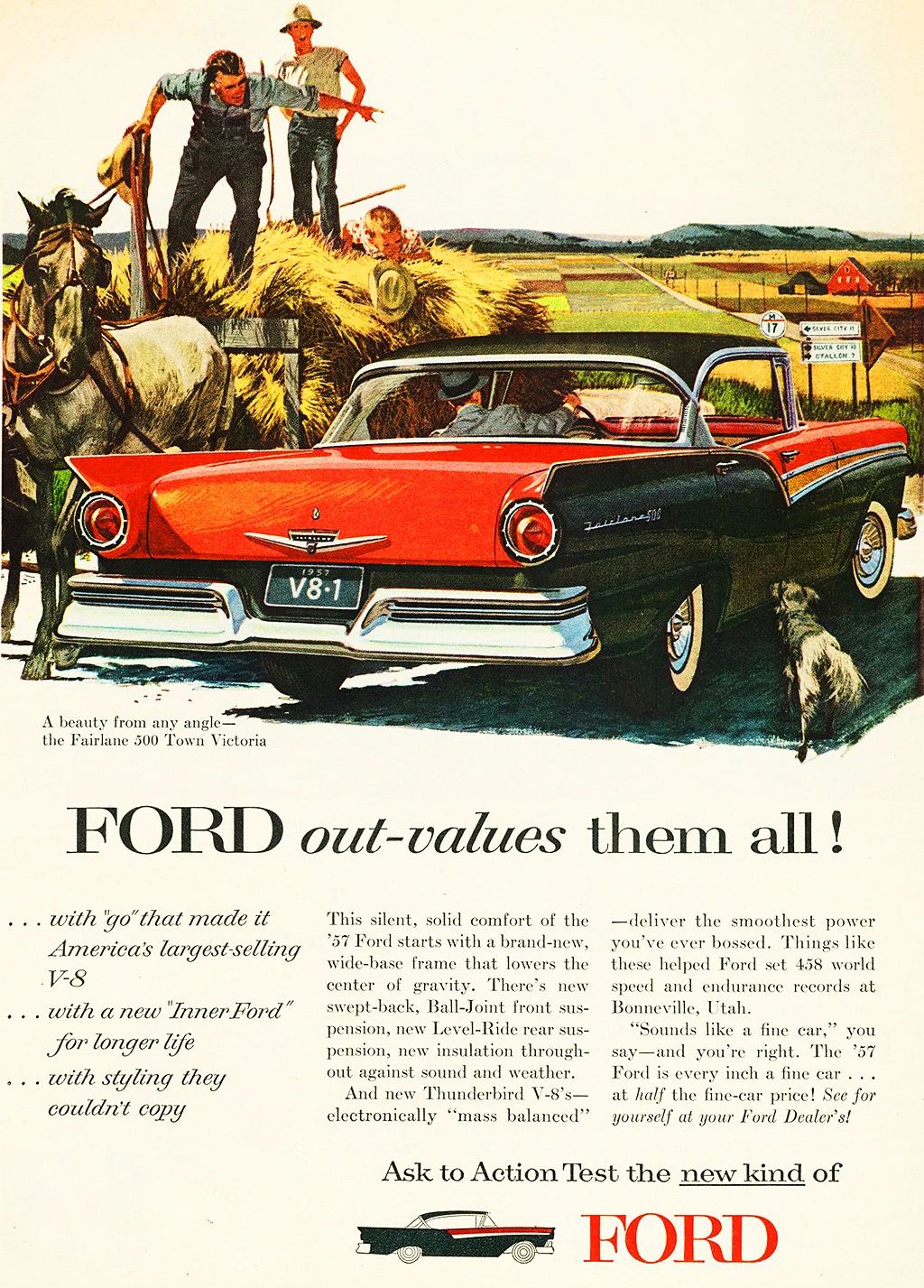 The 1957–1959 Ford-Chevrolet Sales Race: Busting Some Myths About When Ford Finally Beat Chevrolet — Twice 15 1957 Ford ad showing a Fairlane 500 Town Victoria being directed by men on a horse-drawn hay cart, with the headline "FORD out-values them all!"