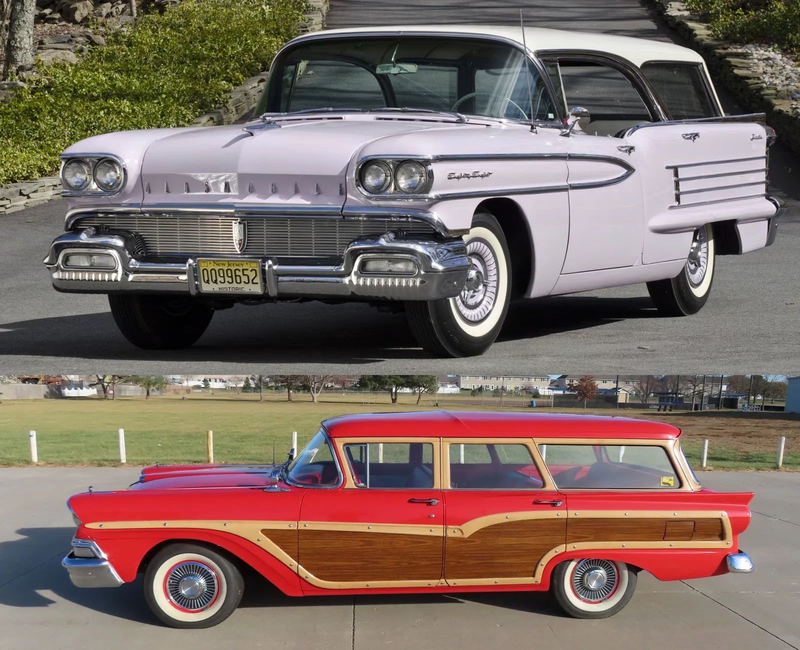 1958 Oldsmobile Dynamic 88 Fiesta Wagon: Looks Like A Fancy Cake, But Less Roomy Than A Country Squire 1 Photo of a two-tone purple-and-white 1958 Oldsmobile wagon composited with a side view of a red 1958 Ford Country Squire